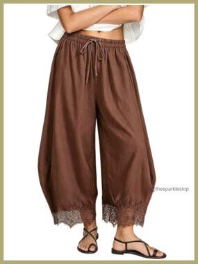 Lace Trim Cropped Wide Leg Palazzo Pants with Pockets